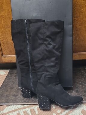 Bar III Black Over-the-Knee Studded Block Heel Boots